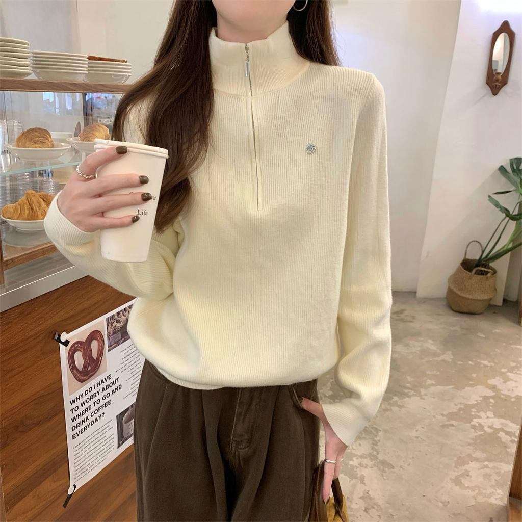 Autumn and winter new semi-zipper stand-up neck sweater knitted sweater loose and versatile Andy fleece long-sleeved top women
