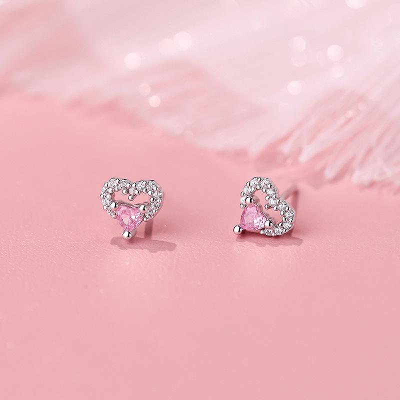 925 Silver Jewelry Pink Crystal Sweet Love Heart Stud Earrings for Women Wedding Party Jewelry For Girls Friend Gift