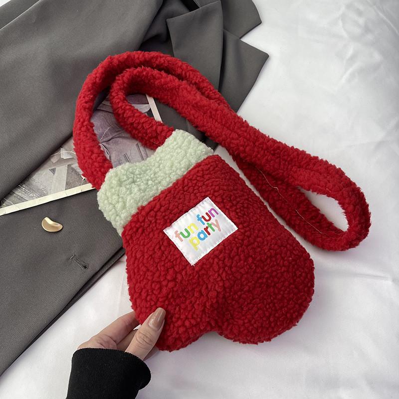 Stylish Plush Crossbody Bag For Women 2023 New Winter Color-blocking Trend Shoulder Bag Green Red