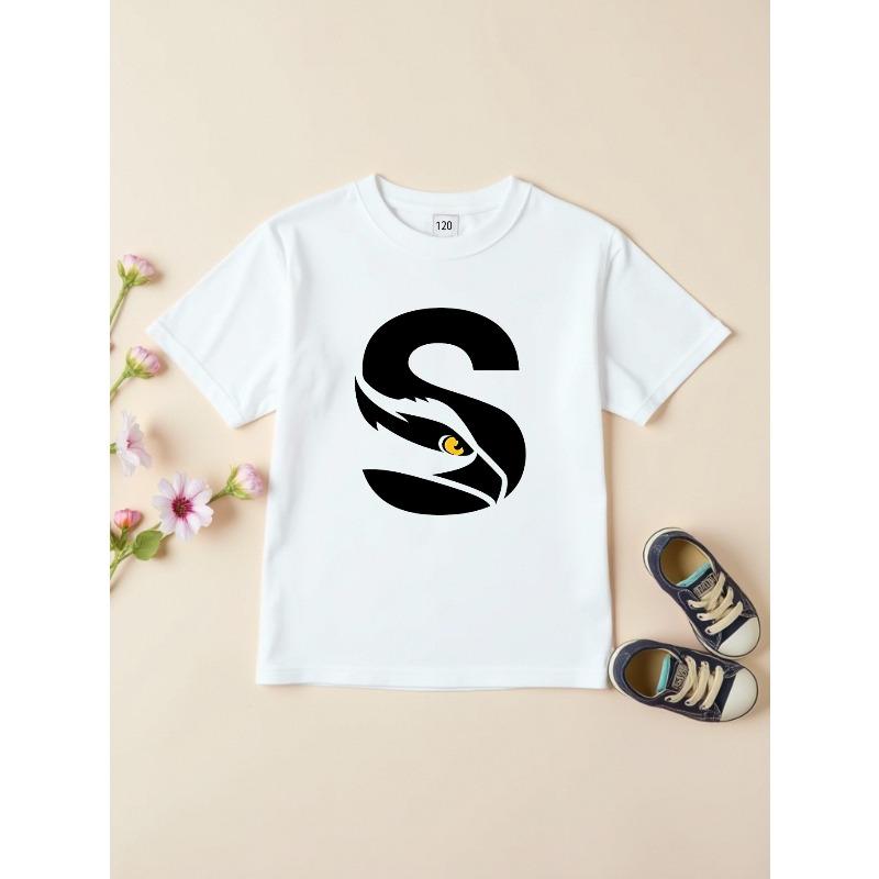 Kids Crewneck Short Sleeve T-Shirt, Trendy S Letter & Snake Cartoon Print 110 белый