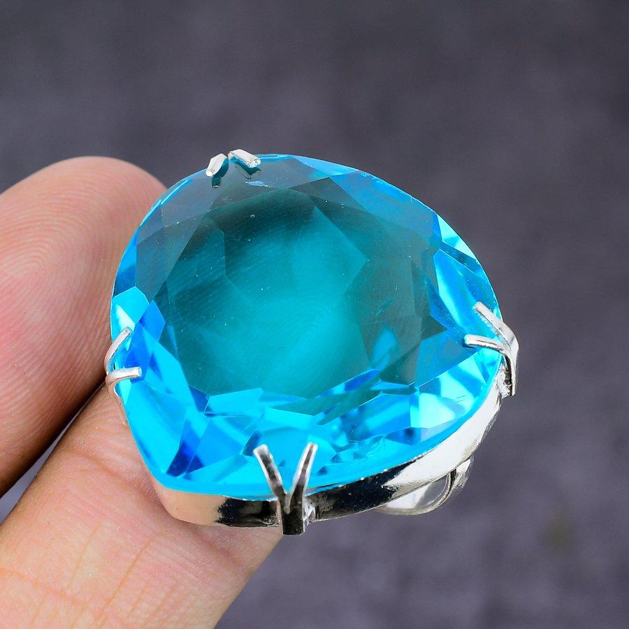 Blue Topaz Gemstone Handmade 925 Sterling Silver Jewelry Ring Size 7.5 J6w23