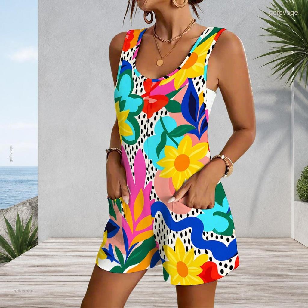 Plus Size Sleeveless Patch Pocket Tank Short Romper