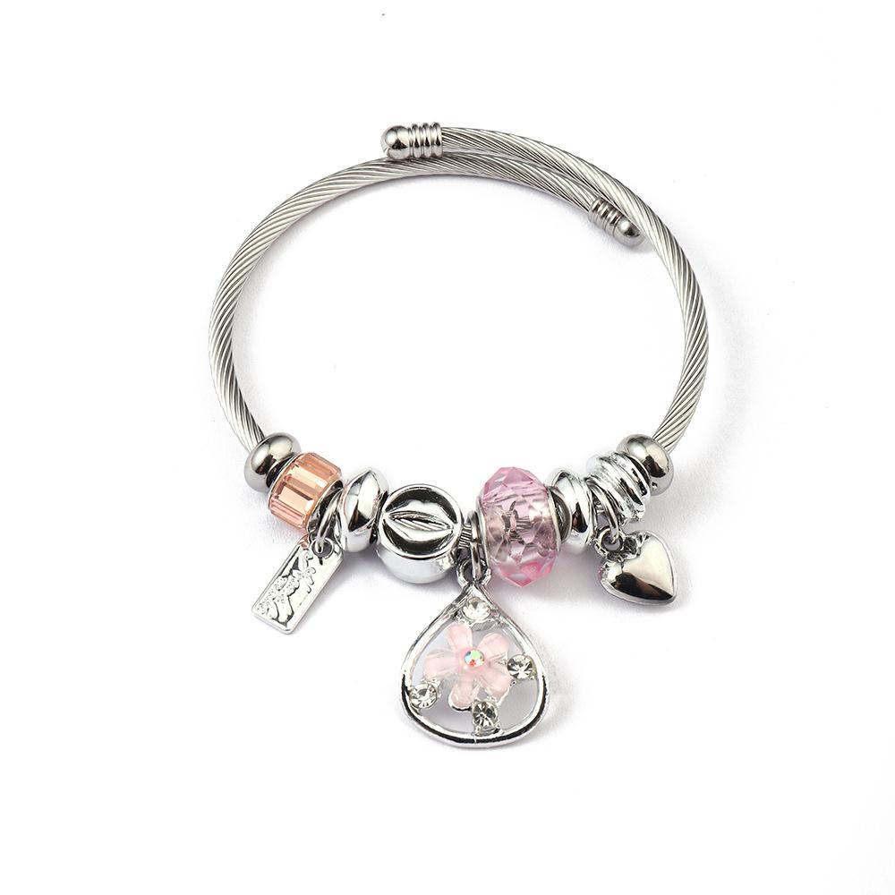 Simple Fashion Stainless Steel Bracelet With Crystal Bead Pendant Unisex Jewelry