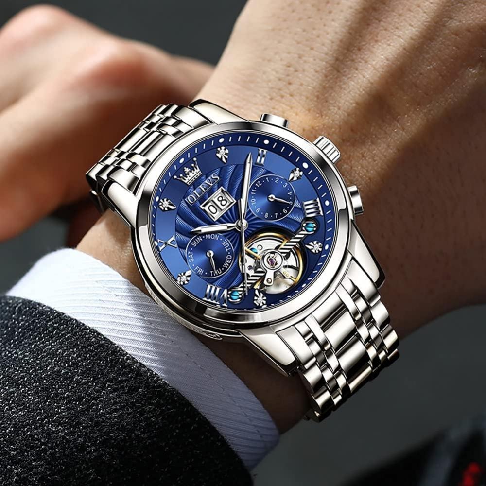 OLEVS Oblíbené pánské modré automatické hodinky Skeleton Cool Stylish Arm Watch Luminous Calendar Date Waterproof Blue