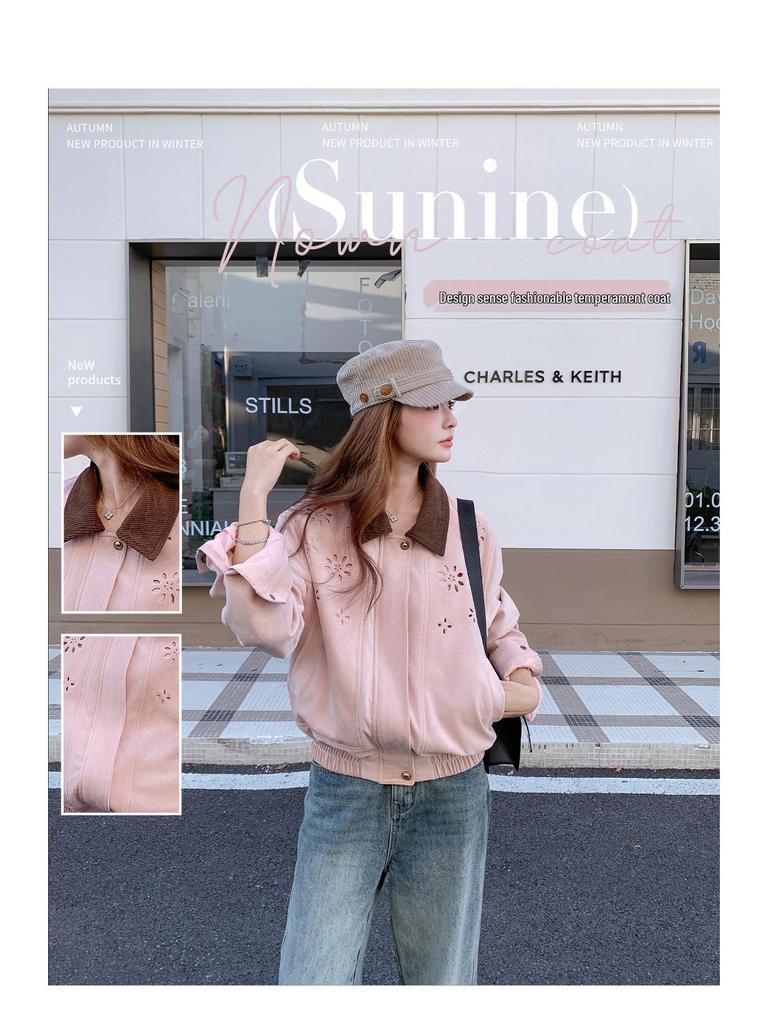 Korean-Style Pink Suede Short Jacket for Women - 2025 Autumn, Hollow Design, Age-Defying, Petite Fit, Fashion-Forward.