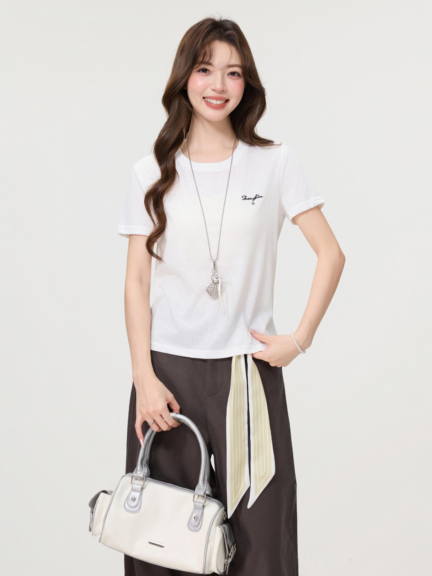 

Simple letter embroidery round neck front shoulder short-sleeved T-shirt women s summer relaxation loose and thin pullover S белый