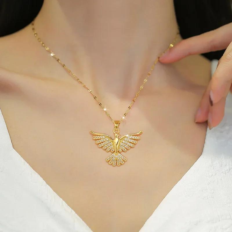 DIEYURO 316L Stainless Steel Phoenix Eagles Pendant Necklace For Women Girl New Trend Choker Neck Chain Jewelry Gift Party
