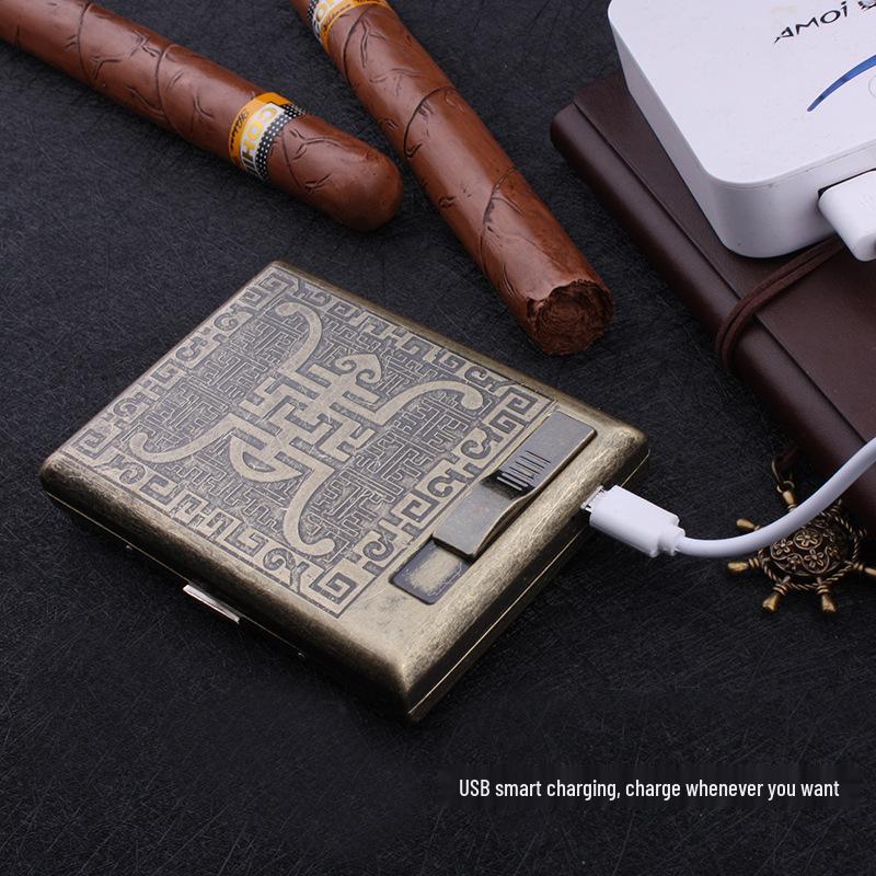 Noble Pie GP9029 Bronze Floral Multifunctional Cigarette Case & USB Lighter (Holds 20 Cigarettes)