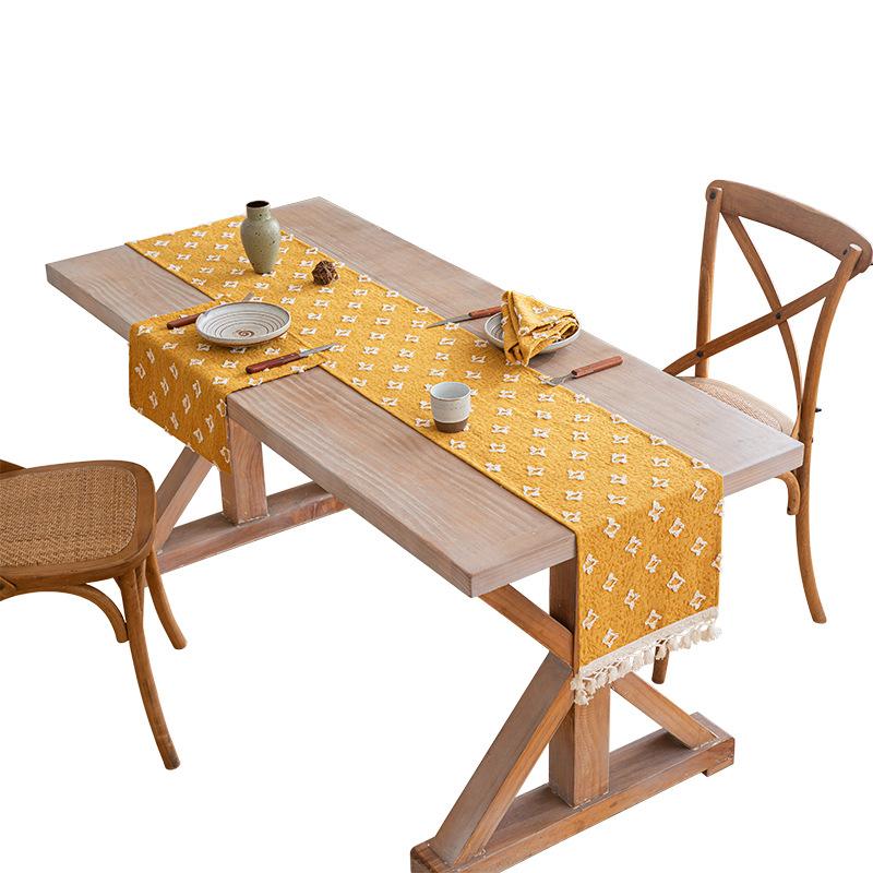 1pc Boho Table Runner for Home Decor Macrame Cream Yellow Farmhouse Table Runner with Tassels for Bohemian Dining Bedroom Decor