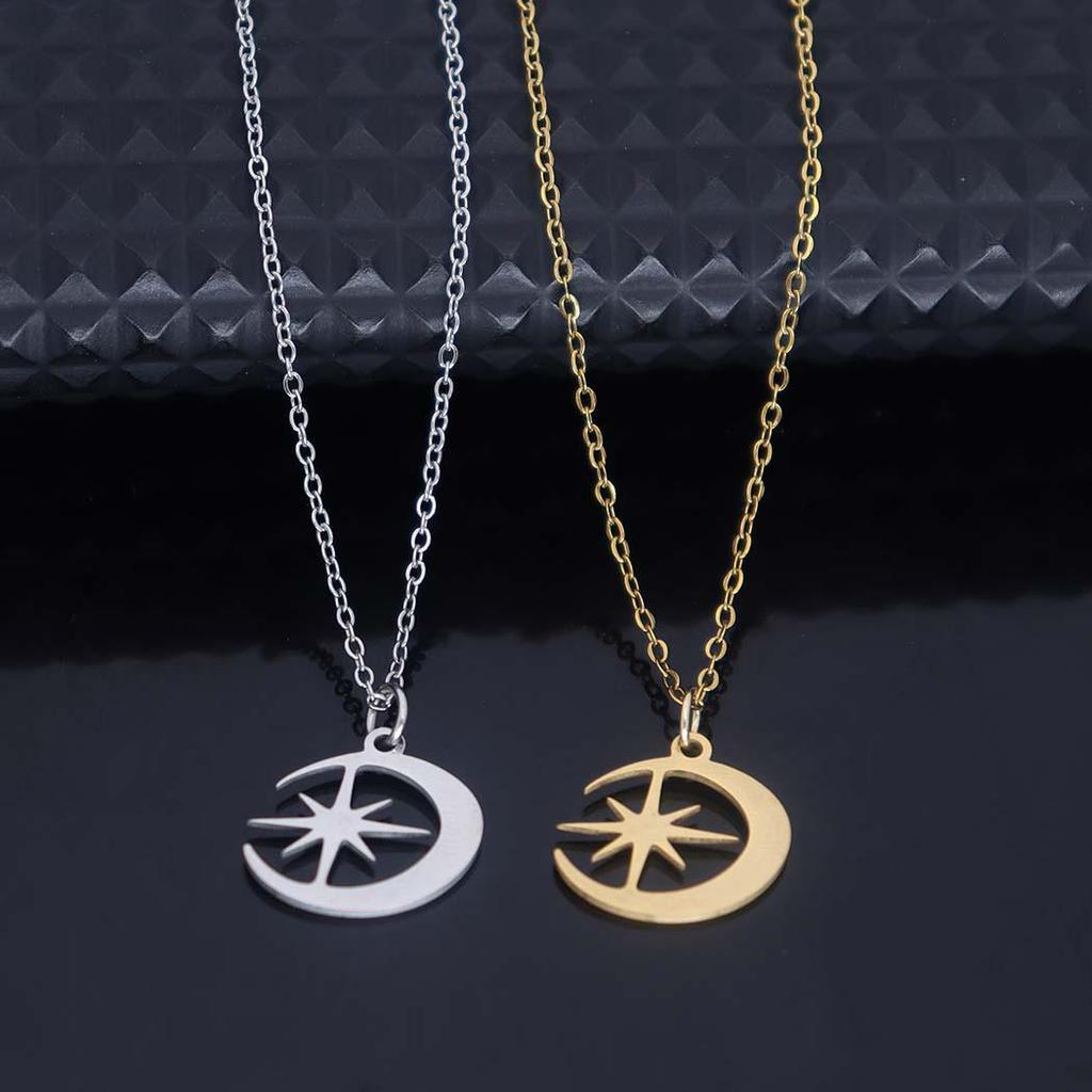 Stainless Steel Moon & Star Pendant Necklace - Versatile Clavicle Chain Accessory