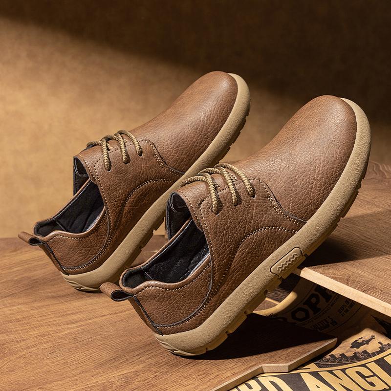 New Men's Soft Leather Casual Shoes Men Breathable Lace-Up Flat Heel Rubber Walking Shoes Fashion Comfortable Sneakers