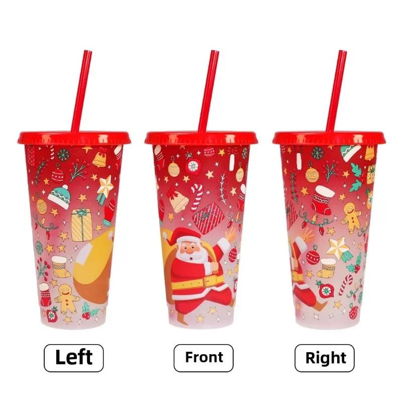 Christmas Cooling Cup 24oz Large Capacity Plastic Straw with Straw Change Color When Cold Christmas Straw Cup