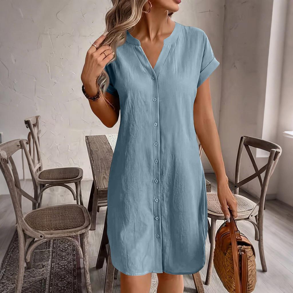 Women Casual Linen Cotton V Neck Short Sleeve Button Front Loose Fit Dress Lightweight Summer Tunic Dress with Pockets