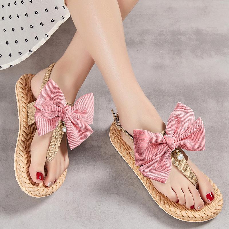 Order A Size Up New Women's Elegant Bowknot Sandals Lightweight Non-slip Summer Flats for Beach Vacation