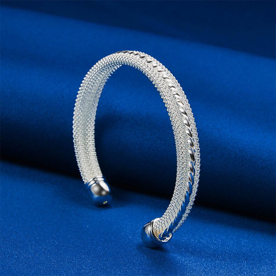 Elegant 925 Sterling Silver Twisted Woven Mesh Open Bangle for Women, Fashionable Wedding Party Accessories