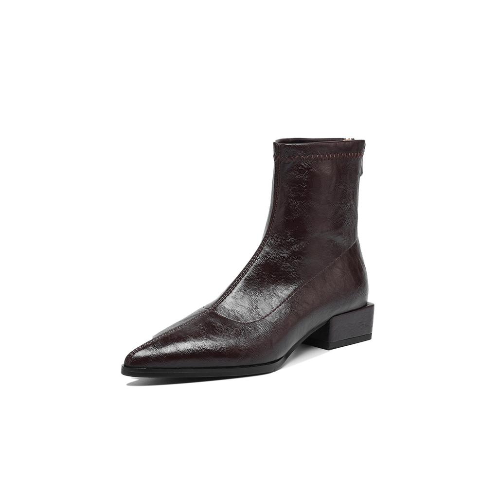 French pointed low heel brown elastic thin boots 2025 autumn and winter new thin short boots women's retro Chelsea boots