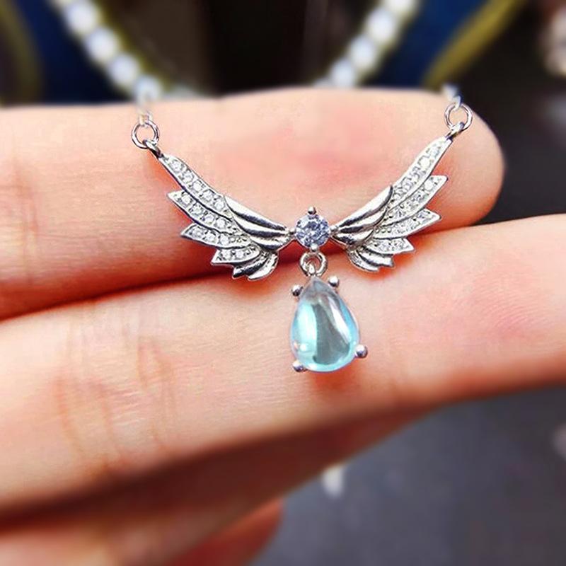 Double Angel Wing Paved Small Stone Dangling Light Blue Teardrop Stone Pendant Women Clavicle Necklace