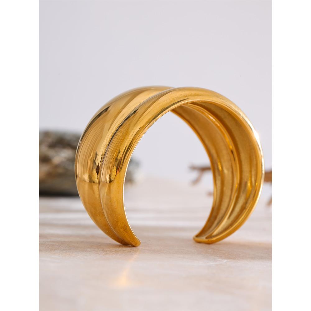 Eetit 18K Golden PVD Plated Stainless Steel Double Layer Cuff Statement Bracelet Bangle Smooth Metal Texture Attractive Jewelry