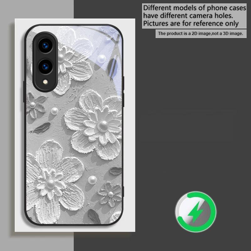 Cream rice white petals suitable for Samsung Galaxy S26 Ultra S20 FE S21 S22+ S23 Plus S24 Ultra 25 Edge black Glass Phone Casee