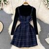 Sweet Two Piece Plaid Tweed Set Women Autumn Winter Base Sweater and Spaghetti Strap Mini Short Dresses Suits