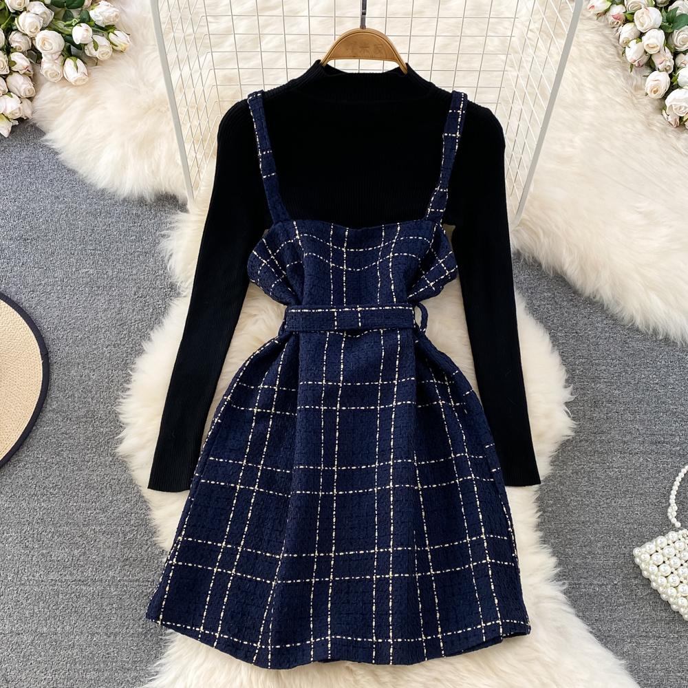 Sweet Two Piece Plaid Tweed Set Women Autumn Winter Base Sweater and Spaghetti Strap Mini Short Dresses Suits