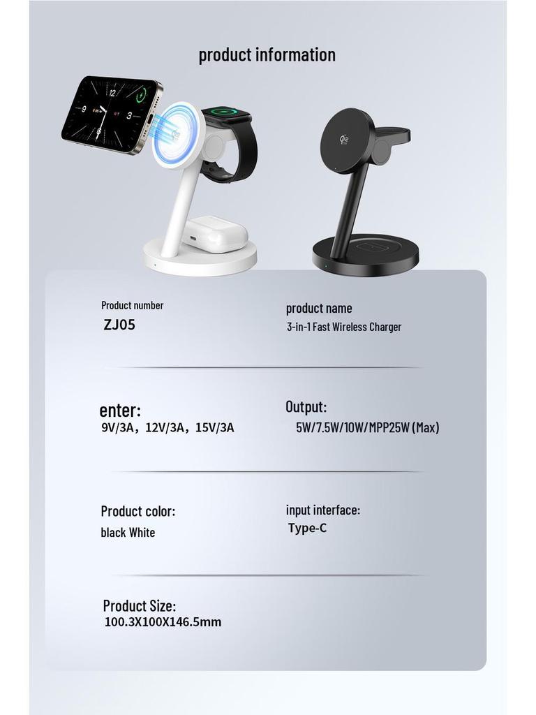 Qi2.2 Three-in-One 25W Magnetic Wireless Charger for Apple & Samsung Watches