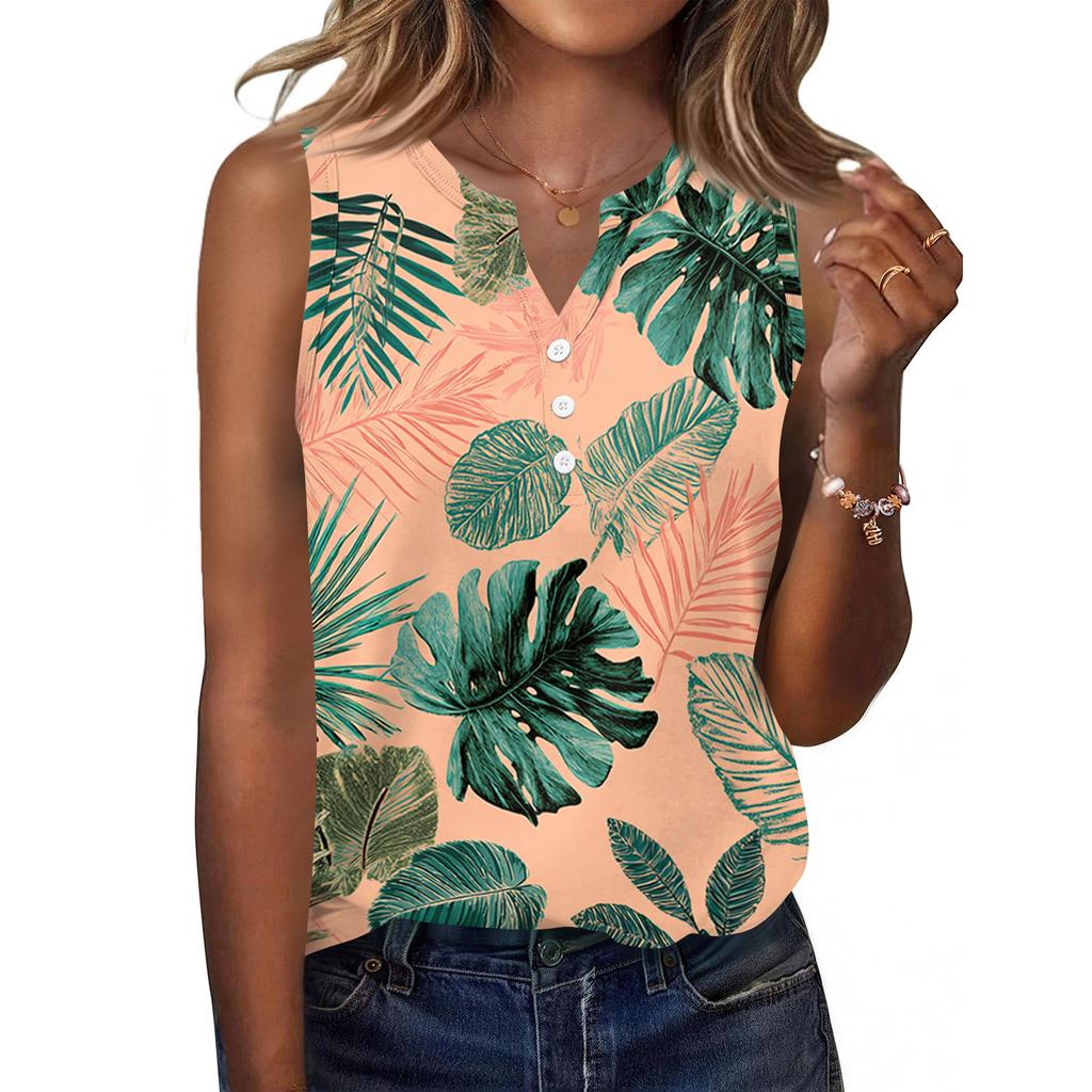 Women's Fashionable Casual Hawaiian Print Sleeveless Button Vest Top