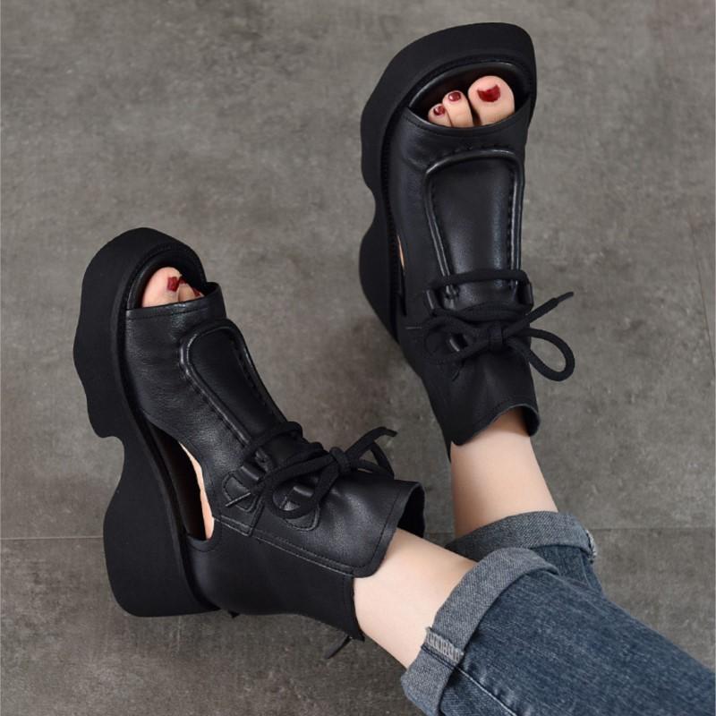 Johnature Genuine Leather Women's Shoes Roman Sandals Vintage Back Zipper Peep Toe Thick Soled Summer Boots