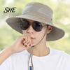 Foldable Travel Hat for Vacation Summer Mesh Spliced Bucket Men Women, Extra Wide Brim Sun Outdoor Hiking with Adjustable Drawstring, Portable