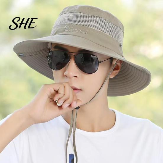 Foldable Travel Hat for Vacation Summer Mesh Spliced Bucket Men Women, Extra Wide Brim Sun Outdoor Hiking with Adjustable Drawstring, Portable
