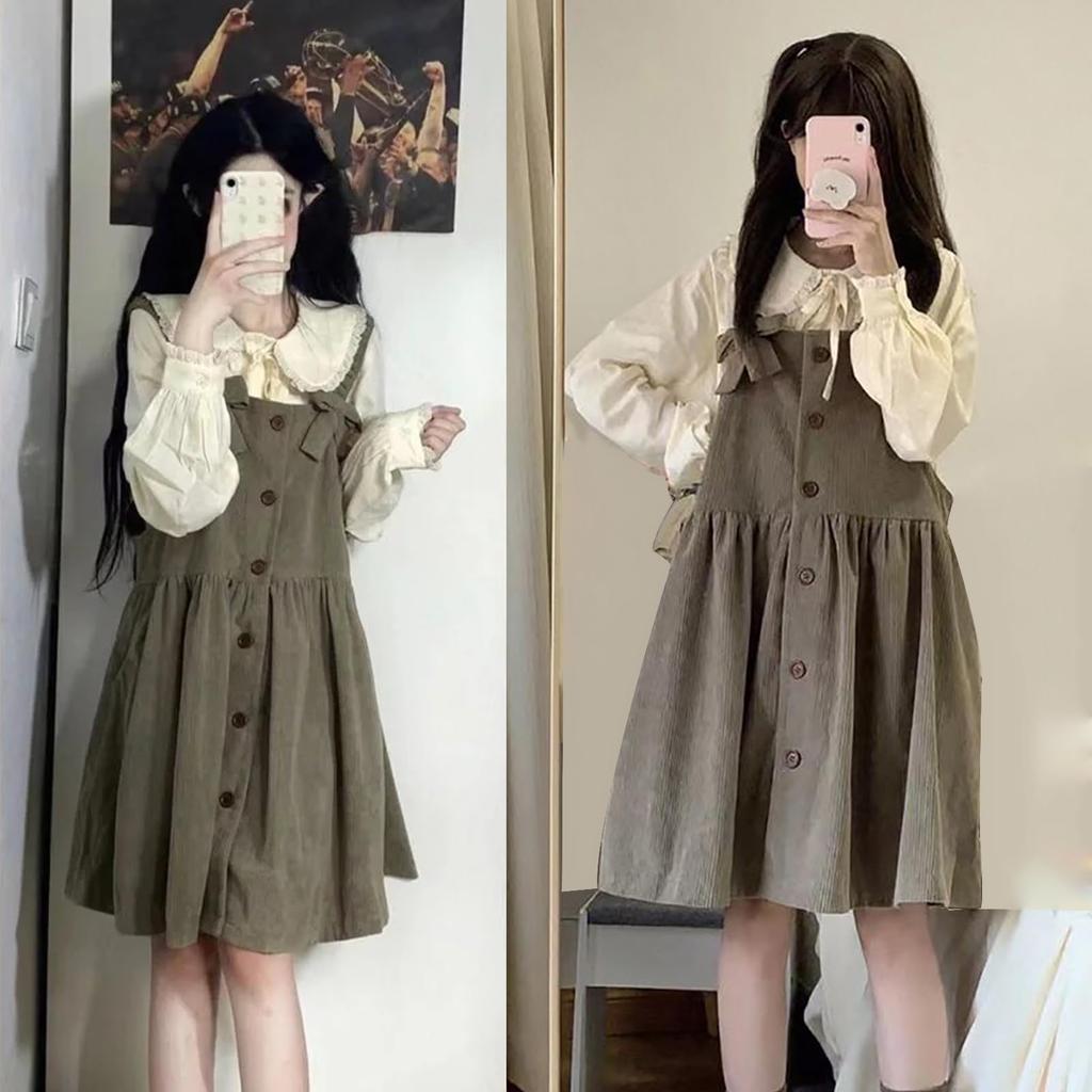 LAVASEON Overall Skirt Sweet Long Sleeve Lace and Pleated Mori Girl Perfect for Korean and School Festivals Women's 2-Piece Set, Mass-Produced Dress,