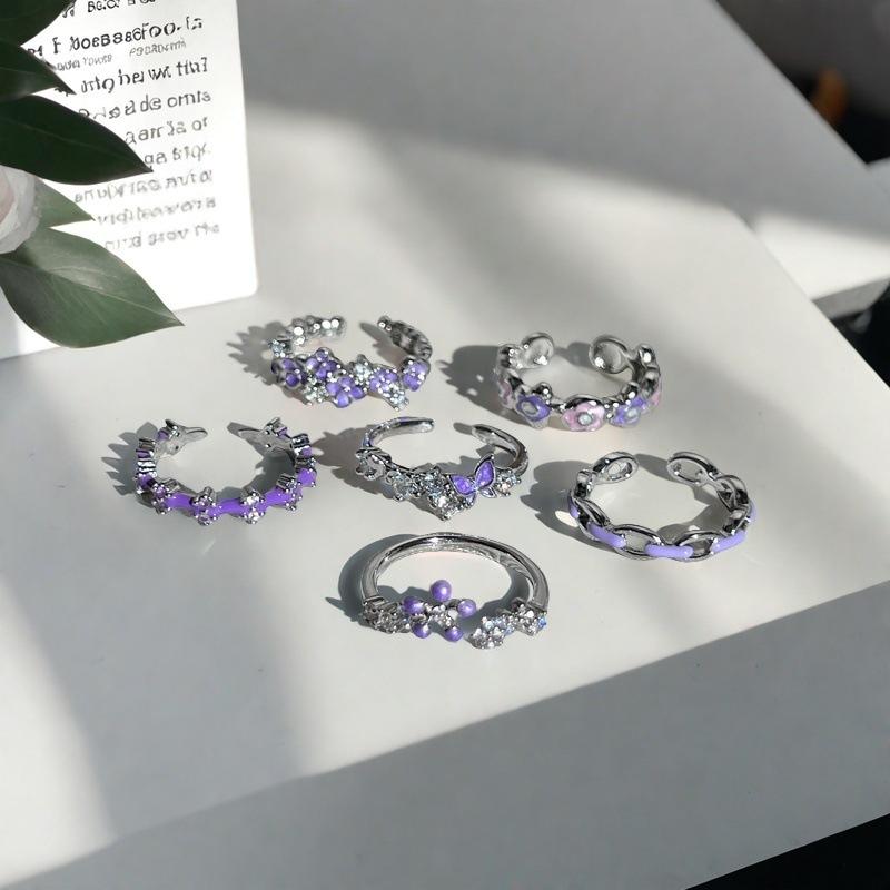 Purple Romantic Butterfly Flower Enamel Dripping Open Ring Niche Unique Sense Light Luxury High Sense Ring