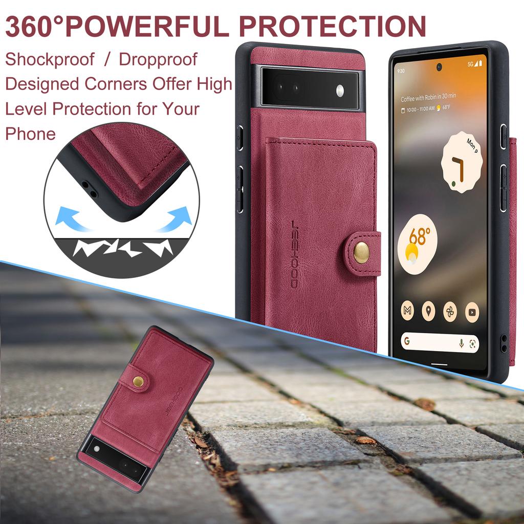 For Google Pixel 6a Case JEEHOOD J01 Retro Leather Phone Back Cover with Detachable Magnetic Card Holder
