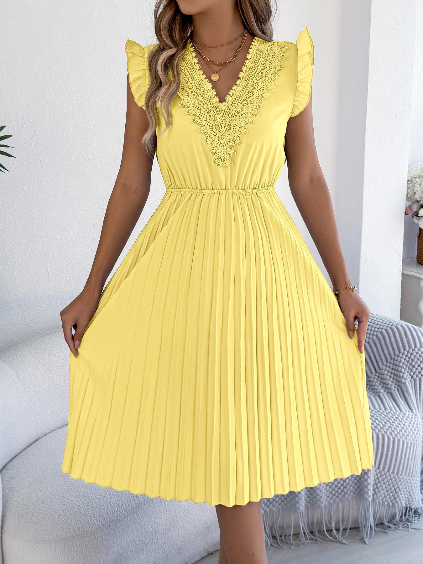 

Жіноча Модна Повсякденна мереживна сукня з V-подібним вирізом, з рюшами, приталена, плісирована XL жовтий