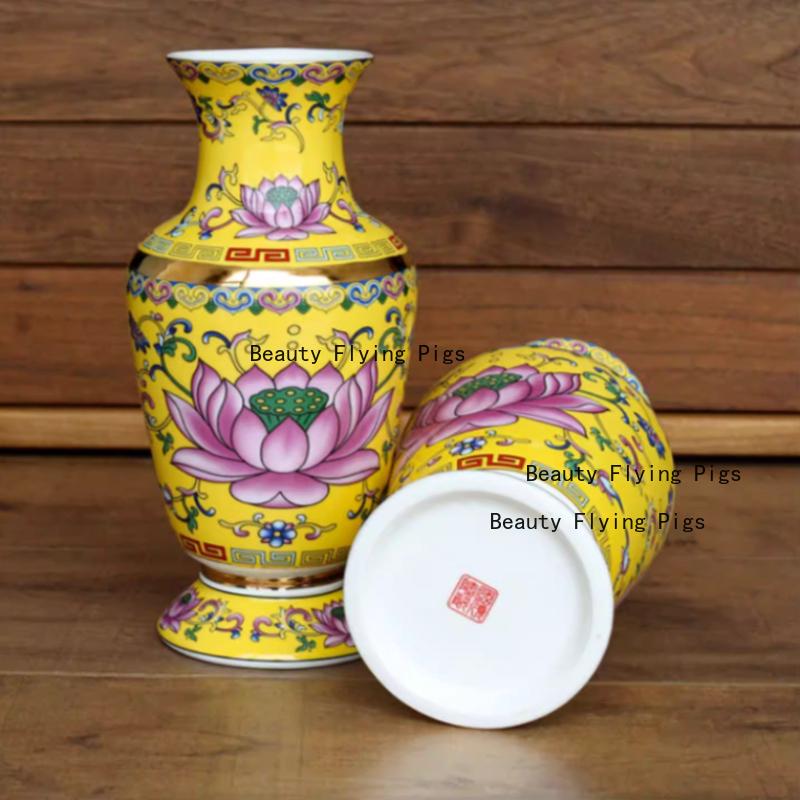 1pc Ceramic Lotus Vase Household Enamel Colored Flower Vase Buddha Hall Vase Temple Sacrificial Decoration Home Decoration