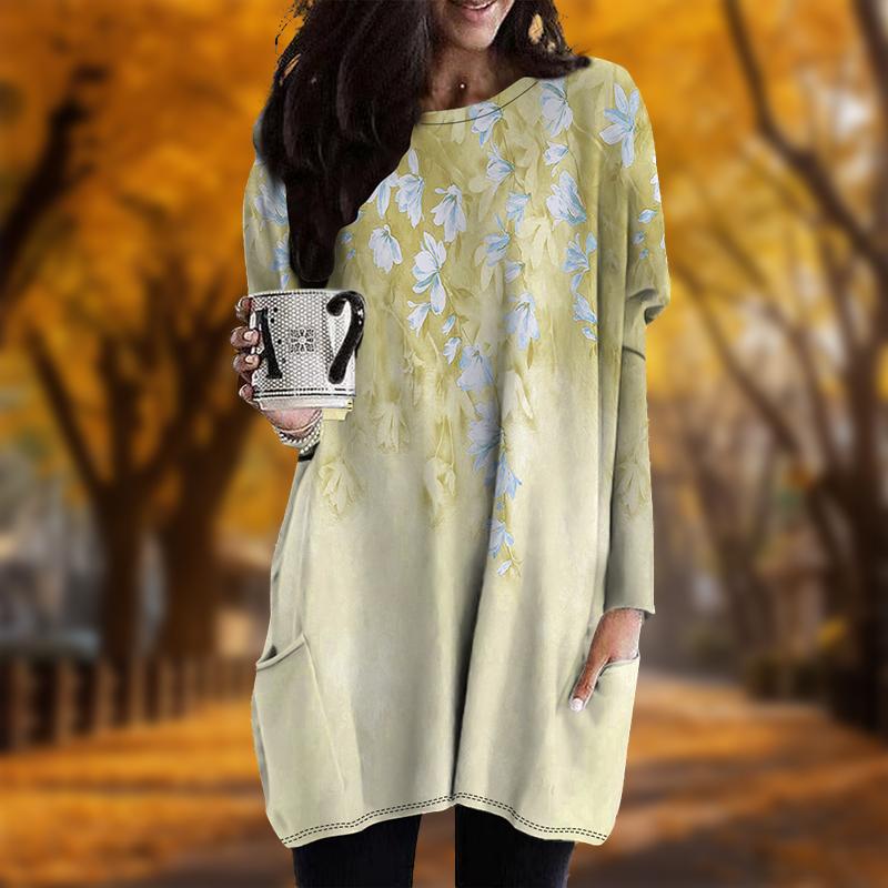 Neu Herbstlich Frischer Kleiner Blumenprint Übergröße Kleid Damen O-Ausschnitt Lange Ärmel Lässig Taschenkleider