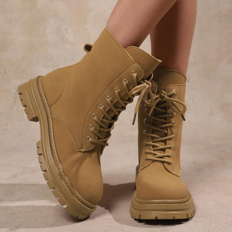 Fashion Casual Thick Bottom Khaki Ankle Boots 2025 Winter Lace Up Women's Combat Boots with Platform Non Slip Hiking Shoes for Women