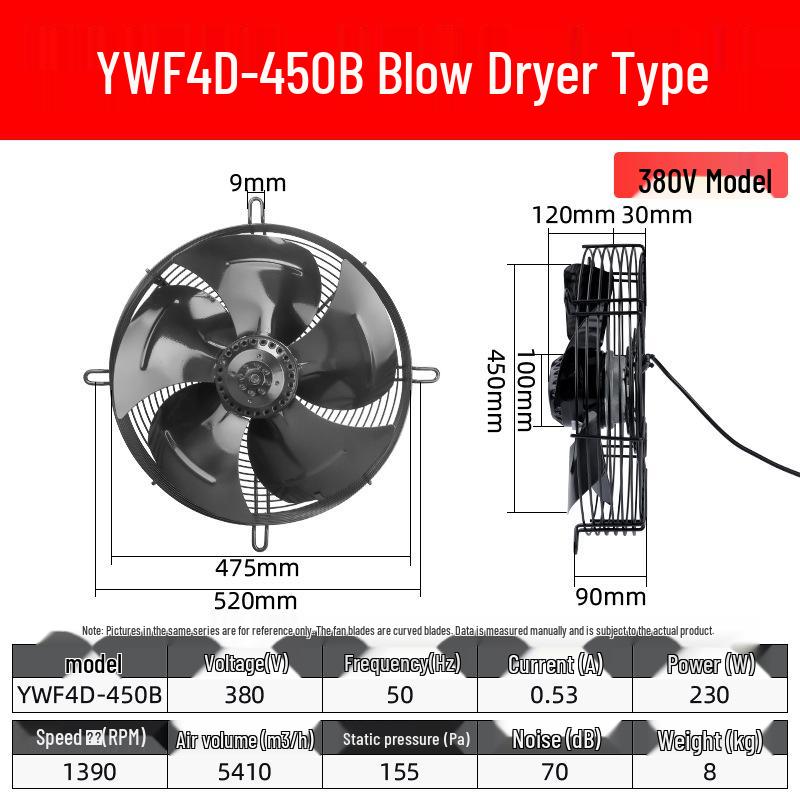 YWF4E External Rotor Axial Fan: 220V Air Compressor/Condenser Cooling, 380V Cold Storage Exhaust.