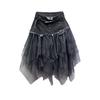 Women Skirt High Waist Denim Splicing Mesh Yarn Irregular Hem A-Line Skirt Versatile Work Leisure Daily Wear