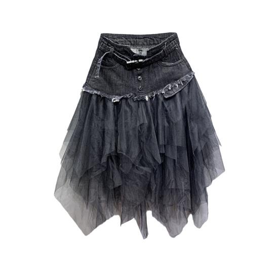 Women Skirt High Waist Denim Splicing Mesh Yarn Irregular Hem A-Line Skirt Versatile Work Leisure Daily Wear