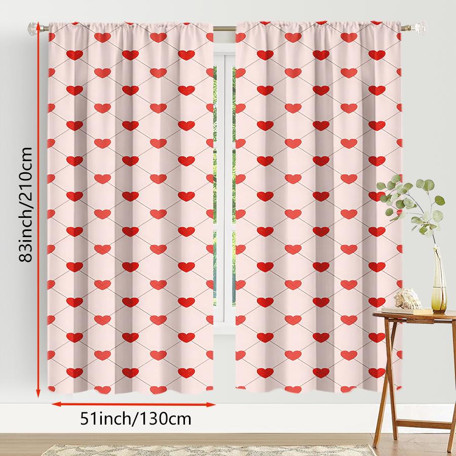 2PCS rice bottom grid red heart curtain, simple and sweet style, bedroom and living room, decoration, pull rod pocket decoration