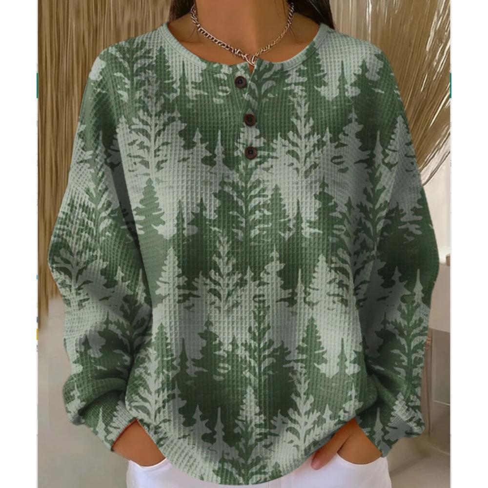 Women's Crew Neck Three‑Button Placket Color‑Block Striped Waffle Knit Loose Long Sleeve Top