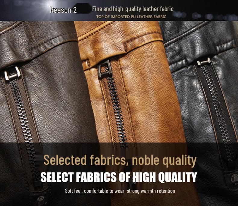 Men's Retro Winter Washed PU Leather Motorcycle Jacket with Stand Collar and Plus Velvet Lining