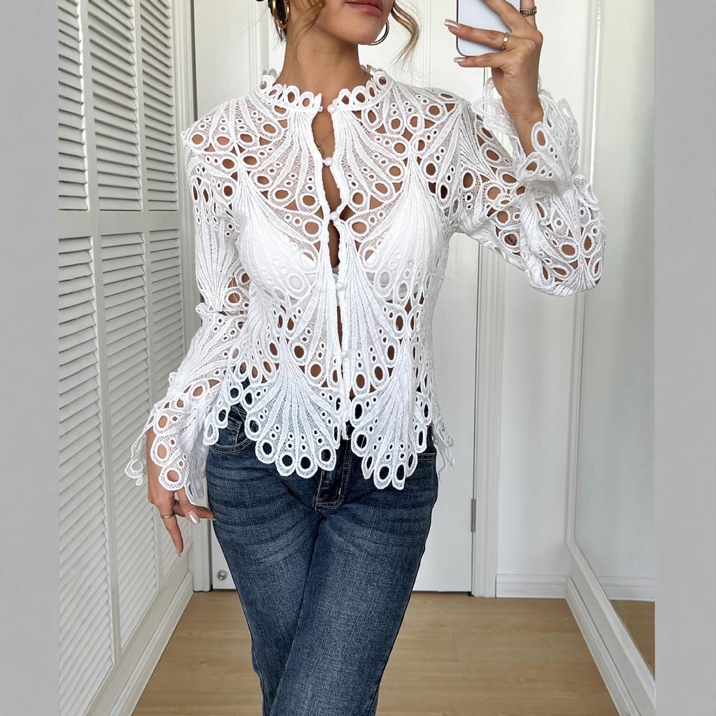 Women’s Sexy Ruffle Long Sleeve Summer Lace Tops 2026 Puff Flare Shirt V Neck Hollow Out Button Down Tunic Blouses