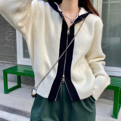 Autumn and Winter Double Zipper Color Matching Sweater Women's Jacket New Knitted Hooded Lazy Casual Loose Cardigan