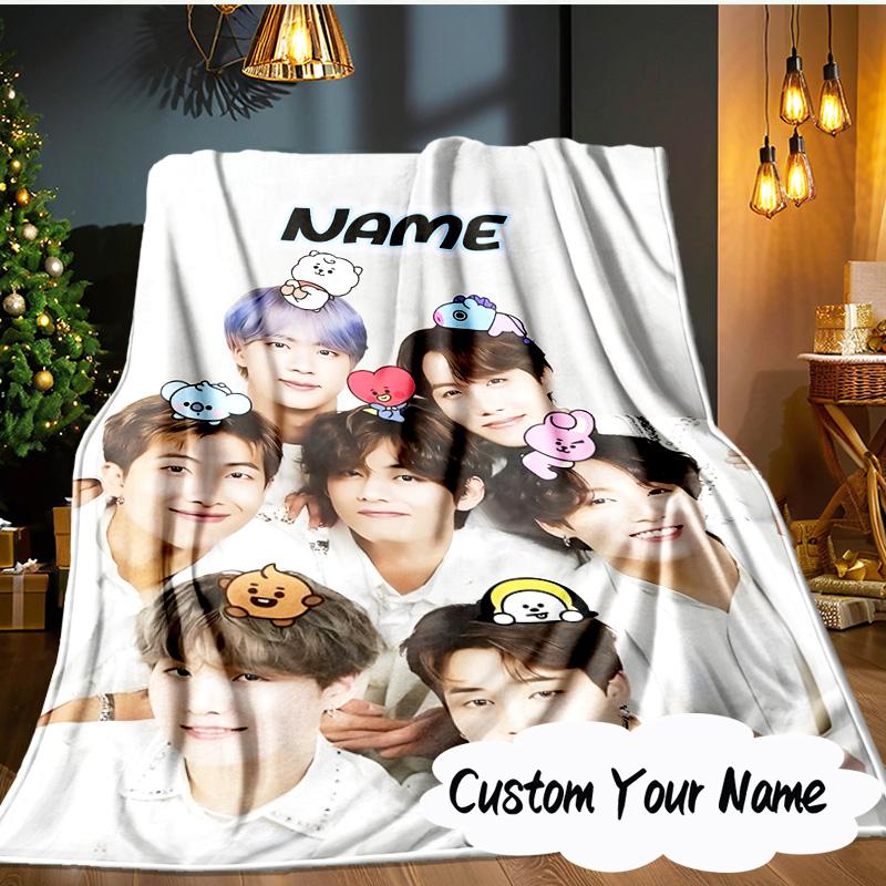 Custom Name Kawaii Stars K-pop Blanket Ideal Bedding Blanket Perfect for Travel, Camping, Living Rooms, Offices, Sofas, Fan Christmas gift
