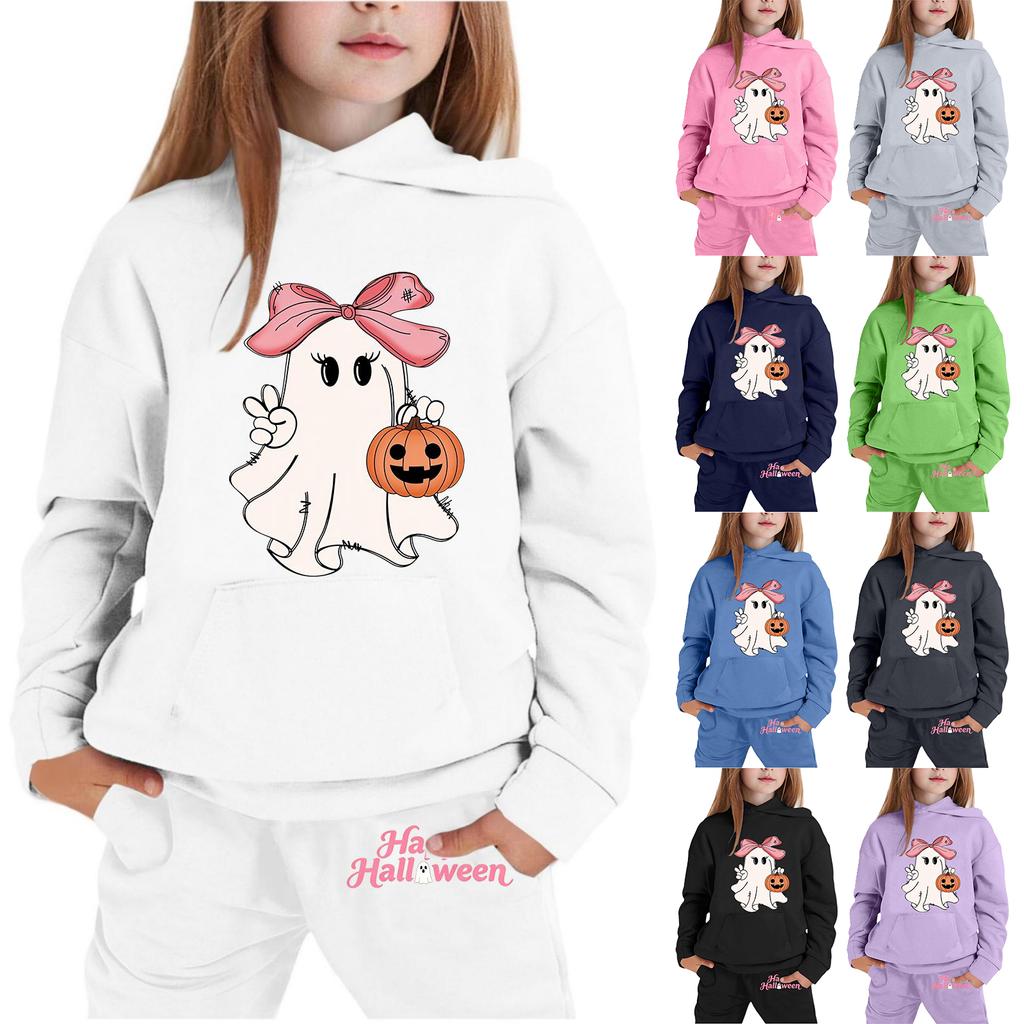 Kids Halloween Hoodie and Pants Set Ghost Print Pullover Hooded Sweatshirt and Elastic Waist Pants Comfortable Fit for Children