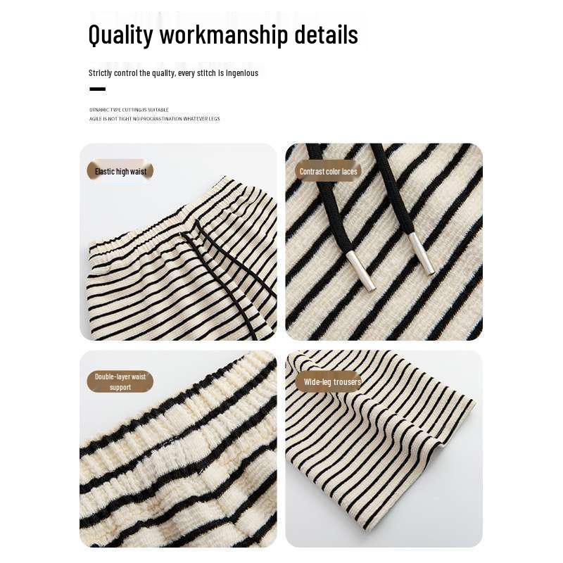 Women's Black & White Striped High-Waisted Fleece-Lined Wide-Leg Pants, Autumn/Winter, Slimming, Floor-Length.