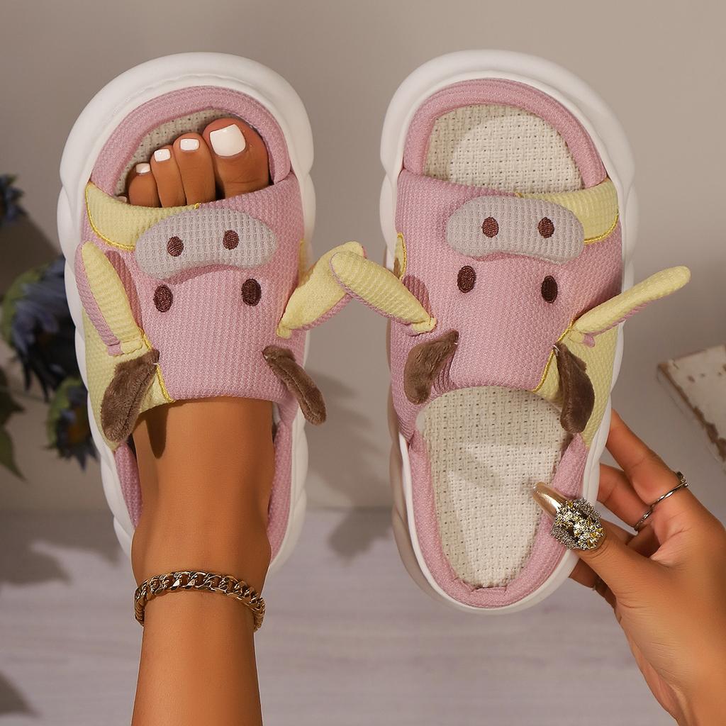 Fashion Cute Cow Thick Bottom Linen Slippers Women 2025 Winter Comfort Home Cotton Slippers Woman Flat Heels Non Slip Indoor Shoes Slide