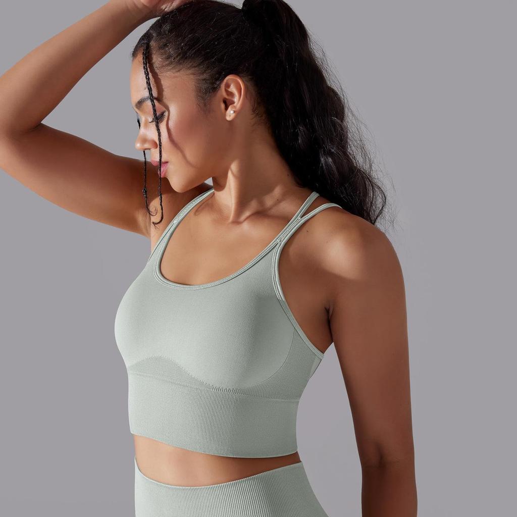 Solid Color Cross Back Sports Bra, Tight Fitting, Shock-absorbing, Gathering, High-strength Vest, Yoga And Fitness Bra For Women